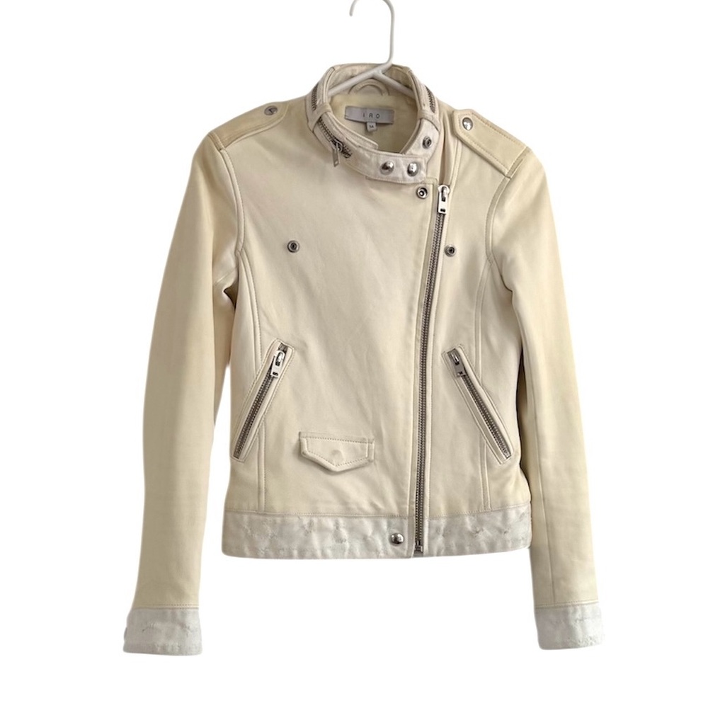 IRO Mazel Women’s Leather Jacket Motorcycle Style White Sz 34 White Denim Trim